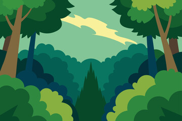 Peaceful forest landscape with green trees under clear sky in vector illustration style