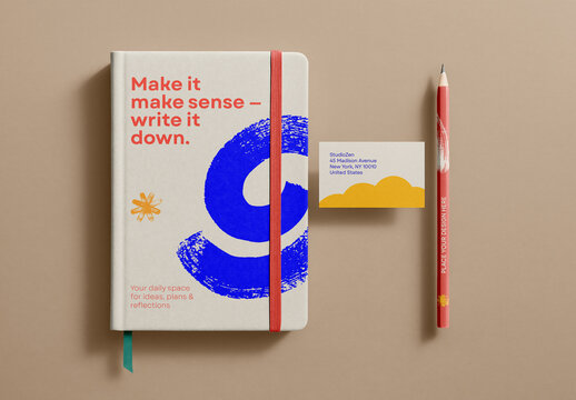 Minimal Notebook & Stationery Mockup Scene &ndash; Top View Branding Presentation with Pencil and Business Card