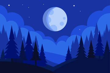 Enchanted Forest Night Moonlit Pines and Serene Landscape