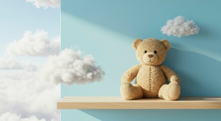 A cuddly teddy bear sits on a wooden shelf with fluffy clouds on a light blue background. Sunlight streaks across