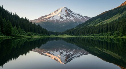 Majestic mountain reflected in tranquil lake at dawn