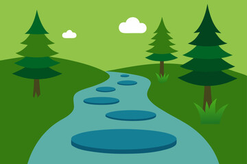 Serene River Path Tranquil Nature Illustration with Stepping Stones