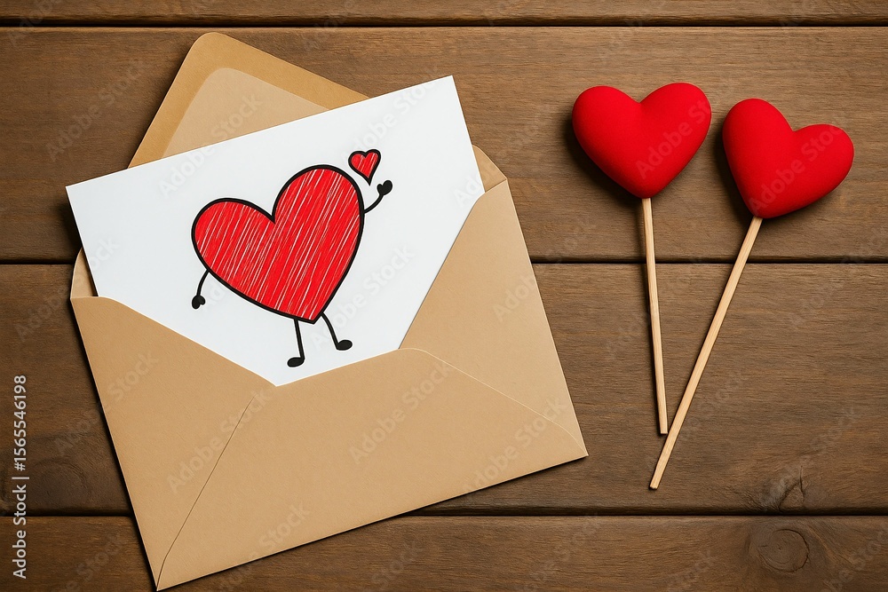 Poster card with two hearts drawn on it is placed in front of two red heart-shaped lollipops.