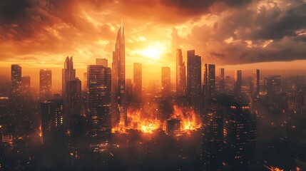 Fototapeta premium Dramatic cityscape ablaze with fire depicting an apocalyptic future photo during a sunset