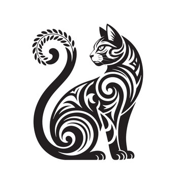 A stylized black and white illustration of a cat, isolated on white background