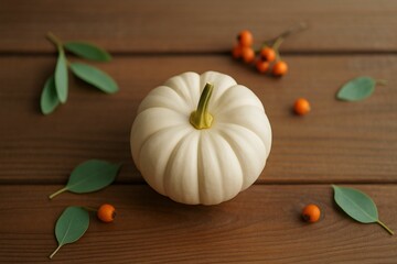 whole pumpkin on wooden surface with autumn leaves and berries around it.