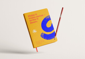 Floating Dual Mockup &ndash; Minimal Notebook and Pencil Display for Stationery and Branding Presentation