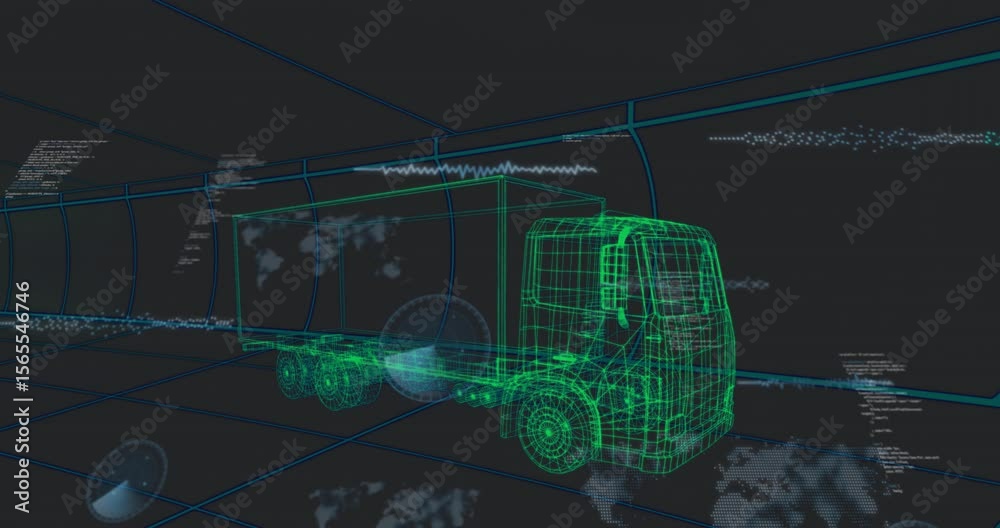 Poster code streams drifting behind neon wireframe truck spawning hud waves, radar, map dots showing data