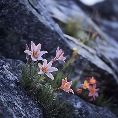 Wildflowers growing on rocky alpine terrain near snowy peaks high resolution picture