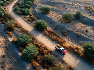 Serene desert journey with a vibrant red truck on winding sandy trail.