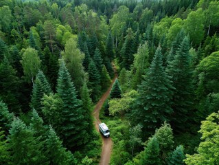 Verdant forest escape with a cozy white van on winding dirt trail.