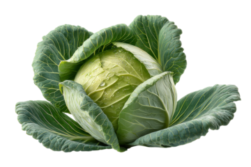 PNG Fresh green cabbage with dew drops on leaves isolated on black background