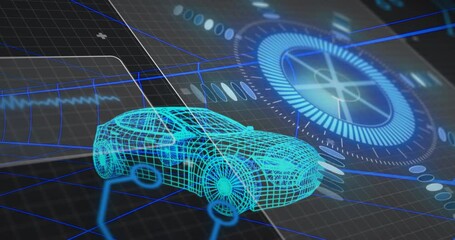 HUD rings spinning and waveform shifting under cyan car after grid initiation for visualization - Powered by Adobe