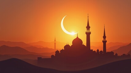 Obraz premium Peaceful mosque silhouette at sunset in desert landscape, Ramadan celebration 