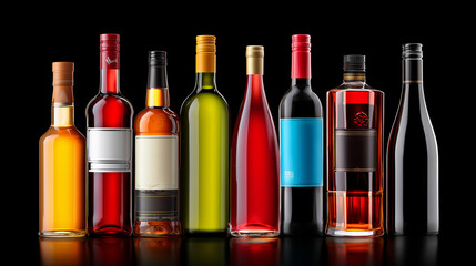 Assorted Beverage Bottles on Display. Bar or Beverage Concept. Variety of Unlabeled Bottles