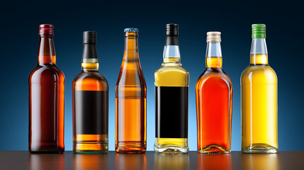 Assorted Beverage Bottles on Display. Bar or Beverage Concept. Variety of Unlabeled Bottles