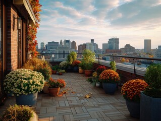 Vibrant rooftop garden with colorful flowers and stunning city skyline.
