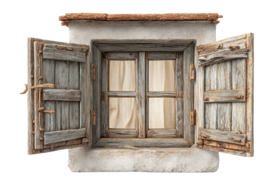 PNG Rustic wooden shuttered window with textured stone frame
