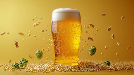 Golden beer surrounded by hops and grains on a yellow background captures the essence of brewing