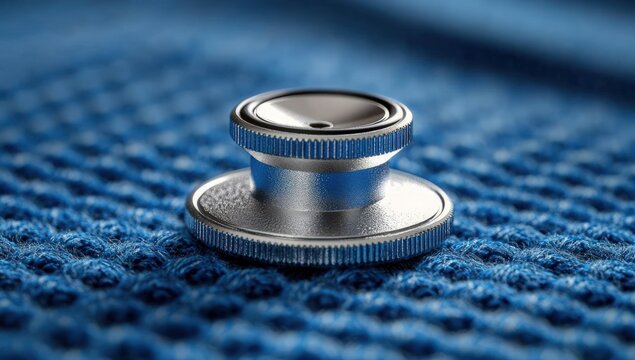 Medical stethoscope on blue textured fabric