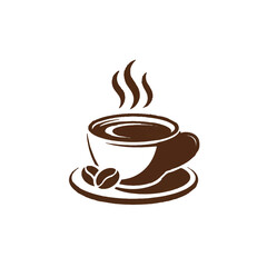 Obraz premium A steaming cup of coffee with coffee beans on a saucer, isolated on white background