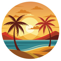 Obraz premium Sunset Beach Landscape with Palm Trees and Ocean View, Vibrant Horizon