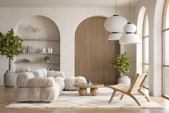 Fototapeta Japandi modern style conceptual interior room 3d illustration