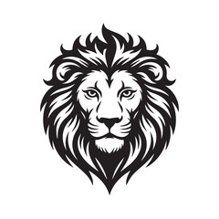 A majestic lions head, powerfully rendered in black and white, isolated on a white background