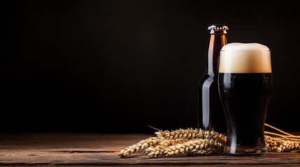 Dark beer in glass next to bottle and wheat on wooden table with dark background