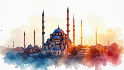 Obraz premium Watercolor cityscape of Turkish mosque 