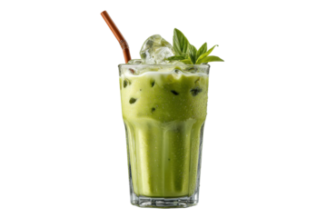 PNG Refreshing iced matcha latte with mint and ice on black background