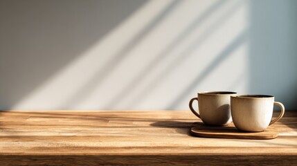 Wooden table background in domestic kitchen with cups of coffee with shadows and sunny warm morning time. Copy space for your composition