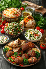Fototapeta premium Traditional Saudi feast for National Day celebration, national Arabic cuisine, traditional Saudi dishes