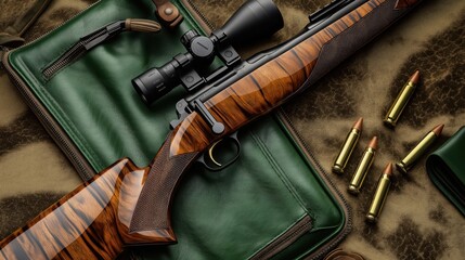 Elegant Hunting Rifle with Rich Wood Grain and Green Leather Case in High-Detail Fantasy Style.