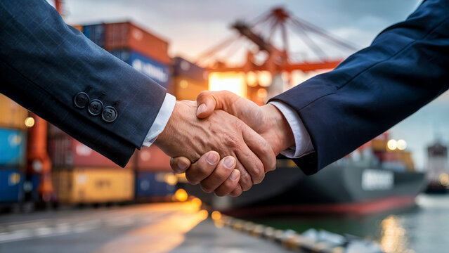 Business handshake at cargo port signifies a successful agreement.