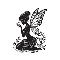 A graceful fairy silhouette kneeling, holding a star, surrounded by flowers, isolated on white background