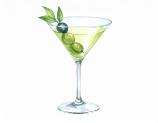 Martini Cocktail Illustration &ndash; Classic Drink with Olive in Elegant Glass