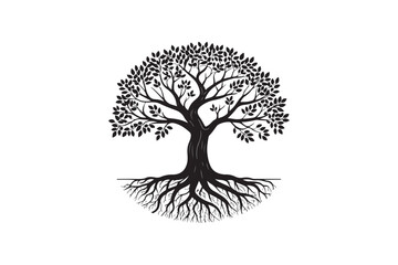 Elegant Black and White Tree Illustration with Detailed Roots and Branches