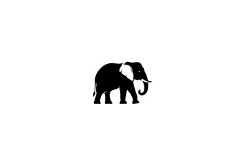 A simple black silhouette of an elephant walking on a plain white background in a minimalist style
