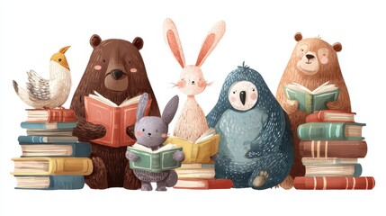 Cute animals with books. Animal read, book stacks. School study characters, bird rabbit bear in library. Children education exact vector set, no logos, no brands
