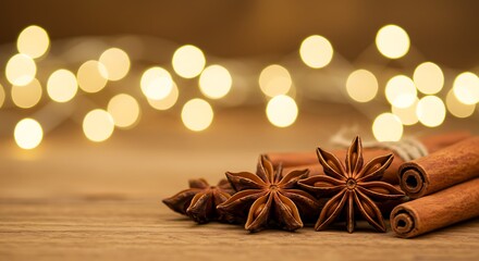 Assorted spices including cinnamon and star anise on wooden table  