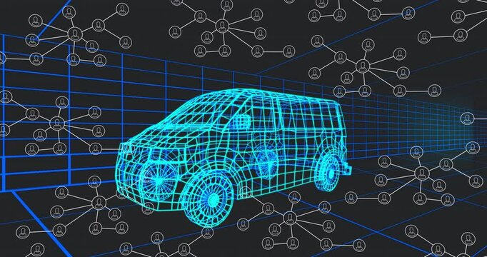 Blue grid forming, cyan wireframe van appearing then nodes drifting around van to visualize network
