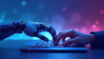 Human and Robot Hand Typing on Keyboard – AI Collaboration Concept