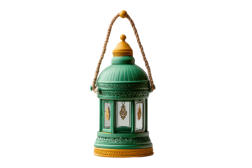 PNG Traditional green lantern with intricate patterns and rope handle