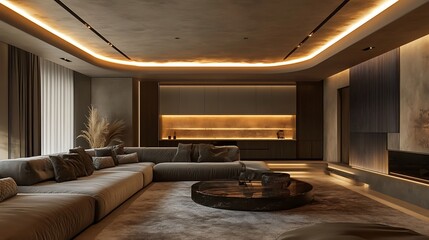 Luxurious modern interior design showcasing a stylish living room with ambient lighting in a photo