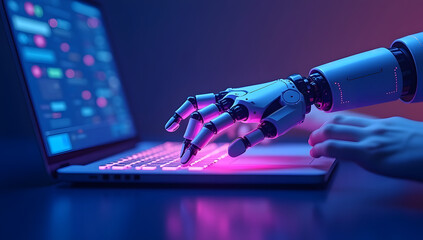 Human and Robot Hand Typing on Keyboard – AI Collaboration Concept