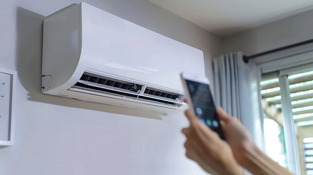 Hand using phone to turn on air conditioner at home
