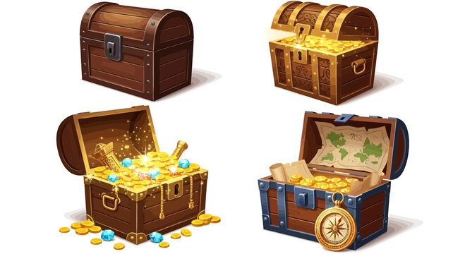 Treasure chest vector illustration set with gold coins map compass and gems for game asset design