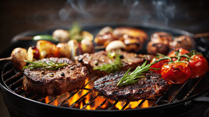 High-resolution close-up image of a classic charcoal grill, filled with various grilled meats and veggies. 