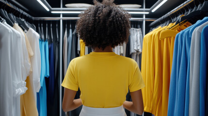 Young adult woman selecting clothes in a modern, organized closet.